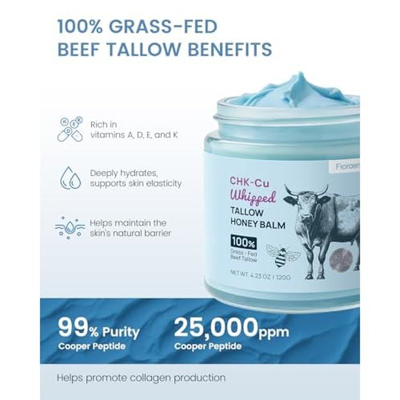 25,000ppm GHK-Cu Copper Peptides Whipped Beef Tallow for Skin, Grass Fed Tallow and Honey Balm with Manuka Honey & Vitamin E, High Potency Tallow Face Moisturizer for Firming & Repair 4oz
