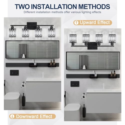 Black 4-Light Modern Crystal Bathroom Vanity Wall Light Fixture - ETL Certified