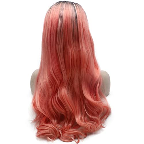 Long Black Roots Pink Synthetic Lace Front Wig - Hand Tied Heat-Resistant Hair