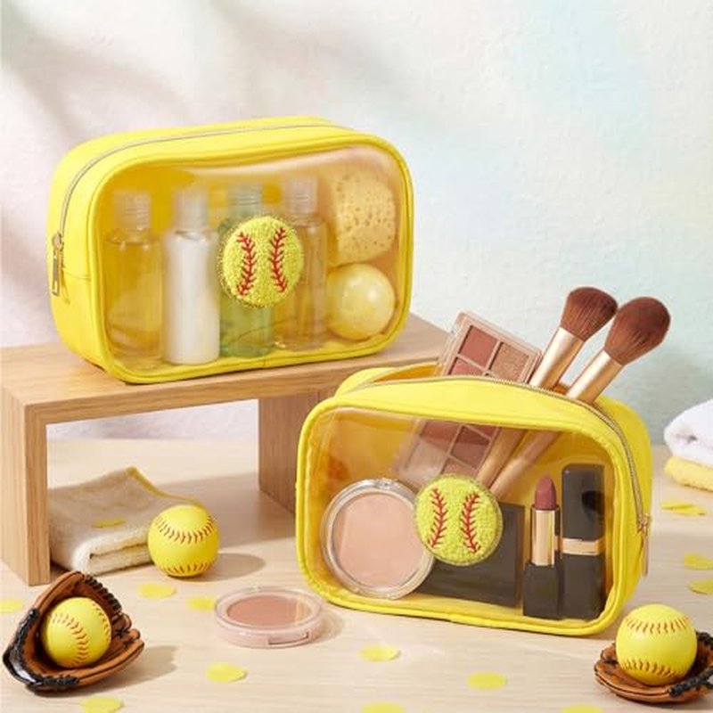 12 Pcs Softball Clear Makeup Bag with Zipper Bulk Softball Sport Goodie Clear PVC Pouch Organizer Waterproof Travel Case for Woman Team Gifts Birthday Party Decorations Supplies