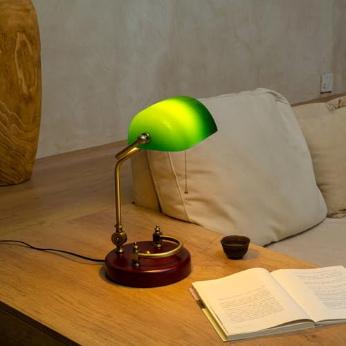 Green Banker Desk Lamp with Solid Birch Wood Base and Pull Chain Switch - Traditional Glass