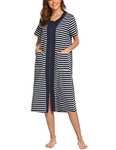 Women’s Short Sleeve Zipper Bathrobe with Pockets - Navy Blue X-Large