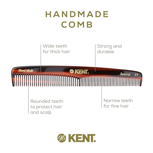 Kent 3T 6.5 Inch Double Tooth Dressing Comb, Fine and Wide Tooth Grooming Comb for Hair, Beard, Mustache and Styling for Men, Women, Kids, Made in England