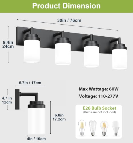 Matte Black Bathroom Light Fixtures Over Mirror - 4 Light White Glass Shade, Modern Vanity Lighting, Variation: Black-White Shade