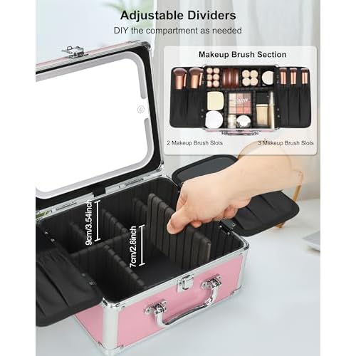Relavel Makeup Bag with LED Mirror, Cute Makeup Box Travel Train Case with Rechargeable Lighted Mirror, Cosmetic Brush Organizer Storage for Makeup Artists Gifts for Women and Girls, Pink