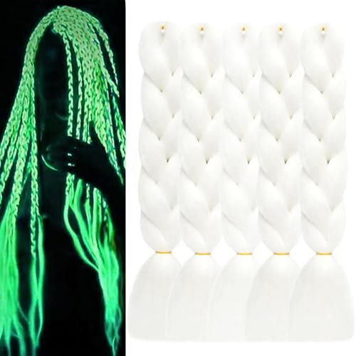 White Glow in the Dark Hair Extensions - 5pcs Pre Stretched Jumbo Braiding Hair for Kids & Women - Variation: White