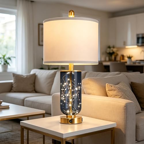 Blue Glass Table Lamps Set of 2 with Night Light and USB Ports - 23 Inch Modern Living Room Decor
