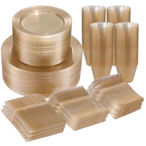 BESTVIP Gold Glitter Disposable Dinnerware Set for 100 Guests - Plastic Plates & Cutlery