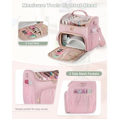 Nail Polish Organizer Bag Holds 42 Bottles(15ml/0.5 fl.oz), Double Layer Nail Storage Case for Gel Polish and Manicure Tools, Travel Nail Bag, Pink