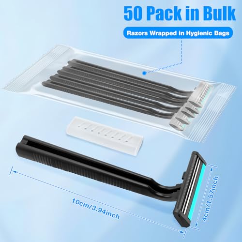 Disposable Razors Bulk for Men 50 Pack, Homeless Supplies Bulk, Twin Blade Mens Safety Travel Supply Shaving Razor, Face Beard Body Shavers for Hotel Camping Bathing (Black)