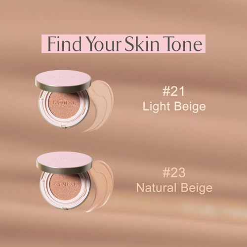 LA MUSE Korean Cushion Foundation, #21 Light Beige(2 Packs) | Lightweight, Breathable but Perfect Blemish Cover for Summer | Long-Lasting, Korean Foundation with Radiant Dewy Finish | Skin Hydrating