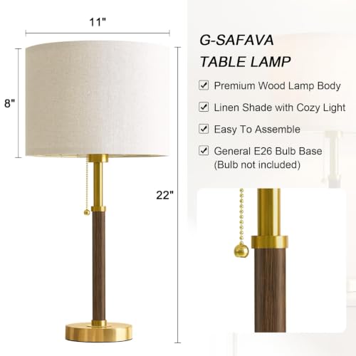 G-SAFAVA Walnut Wood & Metal 22" Mid Century Modern Table Lamp for Bedroom & Living Room