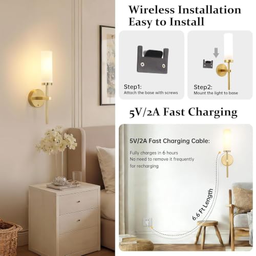 Battery Operated Wall Sconce Set - Gold & Opal Glass, 3 Color Temperatures & Remote