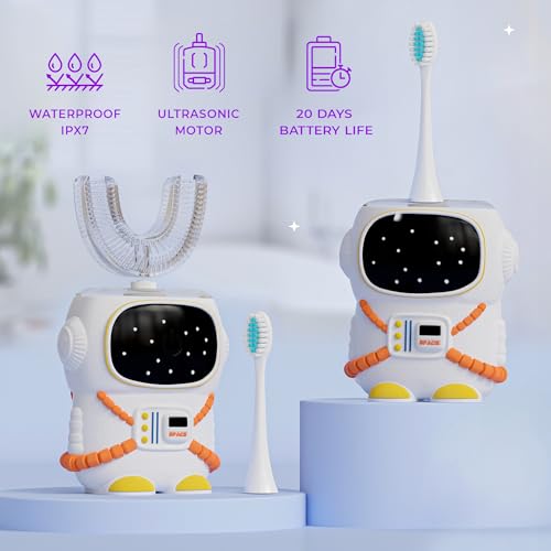 Kids U-Shaped Electric Toothbrush - Sensory Design for Ages 2-7, White - Astronaut Theme