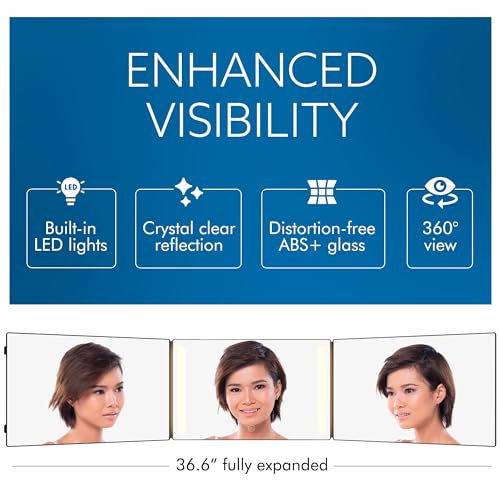 Black LED 3-Way Mirror for Hair Styling & Makeup with Lights
