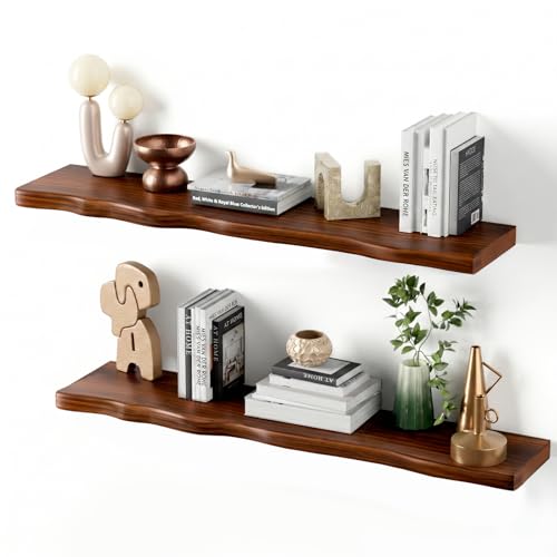 Avytronx Walnut 36-inch Organic Wavy Edge Floating Shelves 2-Pack with Hidden Brackets