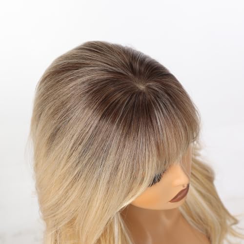 Rooted Honey Blonde Wig with Bangs - 24 inch Wavy Voluminous High Crown Style for Women, Realistic Scalp, Easy Shake & Wear, SHINEDIARY