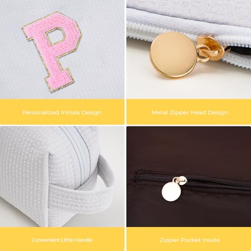 White Makeup Bag and Cosmetic Pouch Set - Personalized Initials Gift for Teen Girls Women