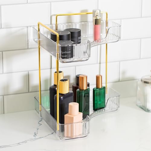 Corner Cosmetic Organizer with Clear Shelves & Gold Hardware - 2-Tier Vanity Storage