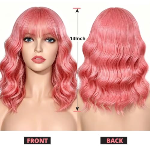 Sweetie Blush Pink Wavy Bob Wig with Bangs - Shoulder Length Synthetic Cosplay Hair (Soft Blush Pink)