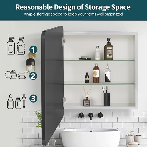Black 24x22 Inch Bathroom Medicine Cabinet with Mirror & Adjustable Shelves
