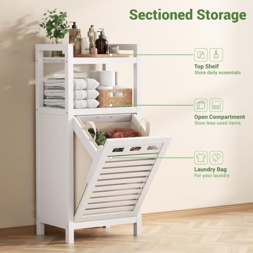 Homykic Bamboo Tilt Out Laundry Hamper Cabinet with Removable Bag - White, Space-Saving Design