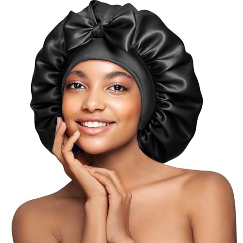 Double-Sided 22 Momme 100% Real Mulberry Silk Bonnet for Sleeping Women, Large Hair Care Bonnet for Long Curly Hair, Double Layer Silk Wrap with Soft Elastic Band, Non-Slip Sleep Cap, Jet Black