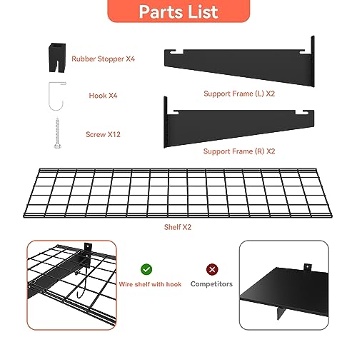 Garage Wall Shelves 2-Pack - 15x45 Inch Wire Storage with Hooks, Black