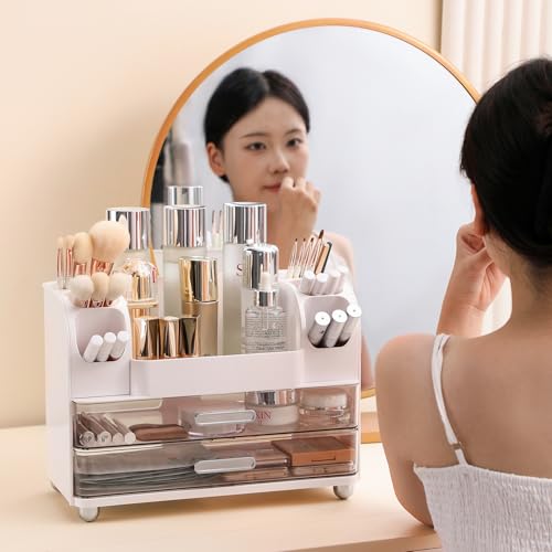 Anyoifax White Makeup Organizer with Large Drawers - Countertop Storage