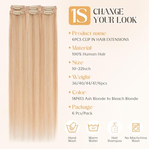 10 Inch Ash Blonde Clip-in Human Hair Extensions - Short, Seamless, 6-Piece Set