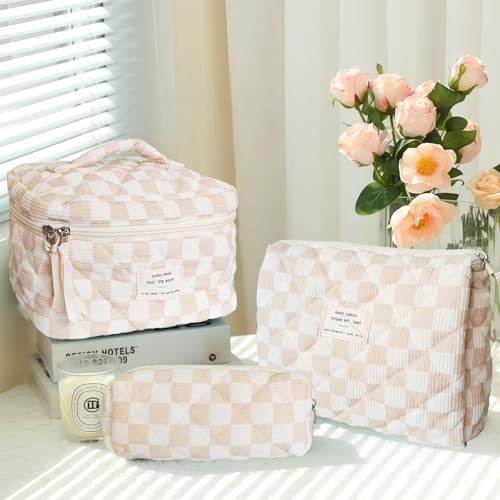 Cozomga 3pcs Brown Checkered Quilted Makeup Bag Set - Travel & Daily Organizers