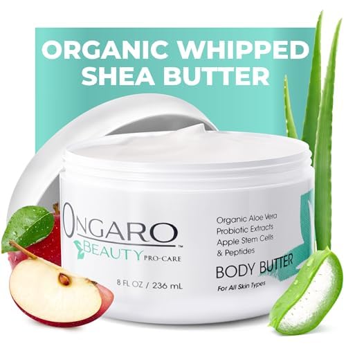 Ongaro Beauty - Whipped Body Butter Cream, Organic Shea Butter for Women with Aloe Vera, Plant Stem Cells, Peptides, Hyaluronic Acid, Probiotics, Vitamin C & E, Body Care for Women - 8 Fl Oz