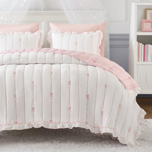 Pink Queen Size Embroidered Ruffle Quilt Set with Bow Details - 3 Piece