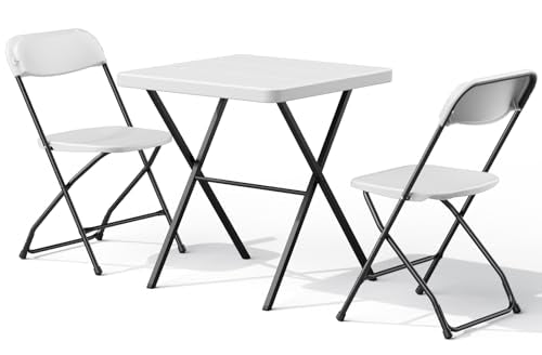 White Folding Table Set with 2 Chairs - Portable Heavy Duty Outdoor Picnic