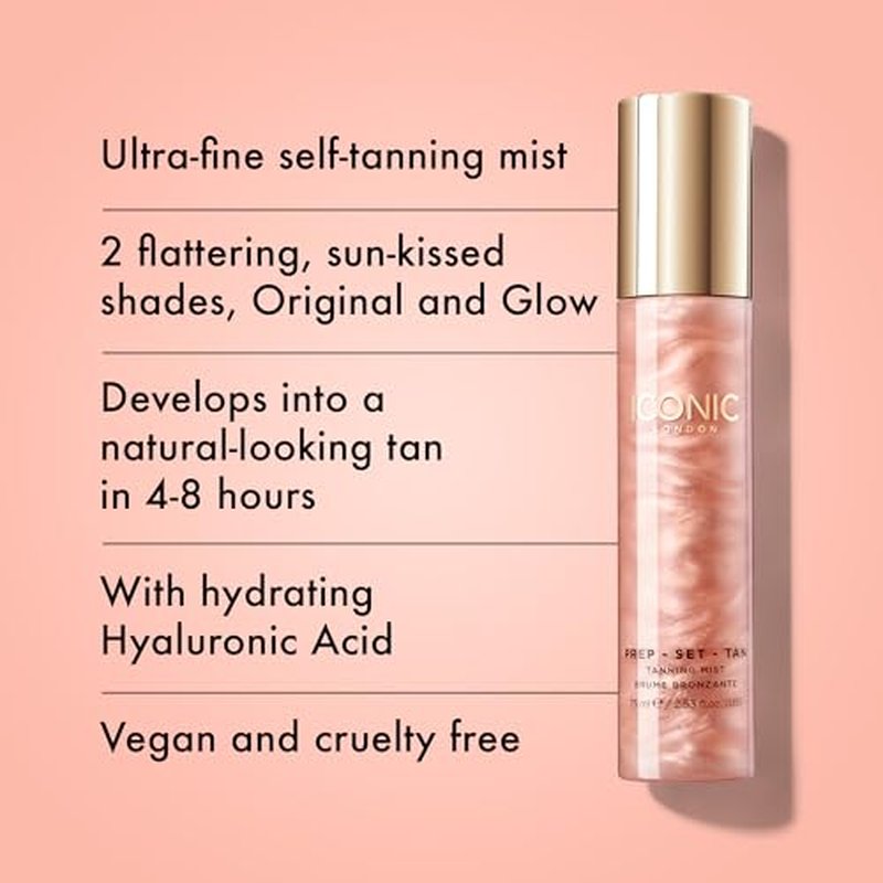 ICONIC LONDON Prep-Set-Tan Original | Shimmering Self Tanning Facial Mist with Hyaluronic Acid, Cruelty-Free, Vegan Makeup, 2.53 Fl oz