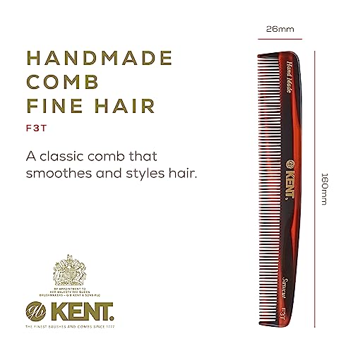 Kent F3T Fine Tooth Comb for Hair Parting, Handmade Combs for Men and Straightening Comb for Women, Dandruff Remover Kent Mens Combs for Fine Hair