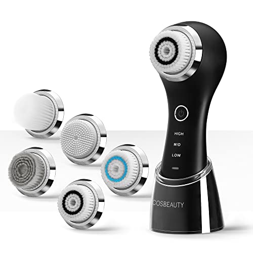 COSBEAUTY Black Sonic Face Scrubber Exfoliator with 5 Interchangeable Brush Heads, Waterproof Rechargeable Skin Cleansing Brush
