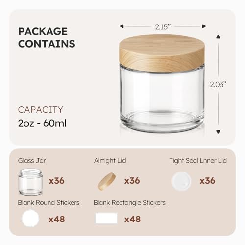Clear Glass Jars with Woodgrain Lids - 2 oz, 36 Pack, Travel & Storage