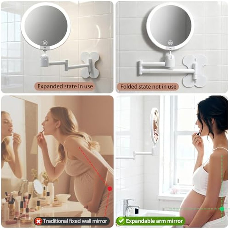 6" Led Wall Mounted Makeup Mirror Double Sided 1/10X, 1-Second Install Lightweight Compact Wall Mirror with Light, Rechargeable Extendable Magnifying Mirror for Bathroom, Wall Vanity Mirrors (1+10X)