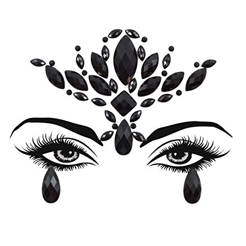 Topz Black Flower Face Jewels for Halloween Costume Makeup - Cat Women Mermaid Day of the Dead Gems Stick-on Tattoos Fairy Accessories (Black-S095)