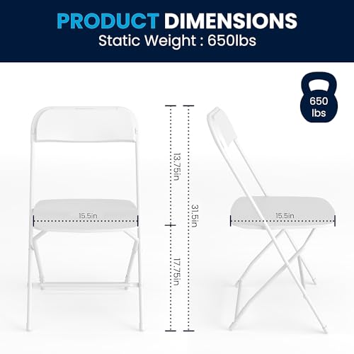 White Plastic Folding Chairs Set of 6 - Heavy Duty Stackable Event Seating
