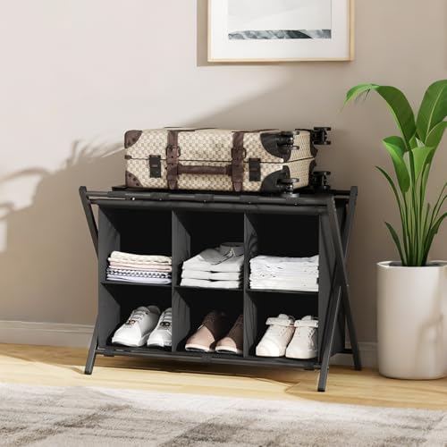 Foldable Luggage Rack with Storage Shelf for Guest Room Black - 2 Pack