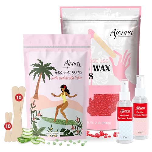 Ajoura 2 lb Rose Hard Wax Beads + 1 lb Aloe Hard Wax Beads for Hair Removal, All-purpose Wax Beans for Sensitive Skin, Large Area Coarse Hair Removal, Refill Bag for Brazilian Bikini, Face, Eyebrows