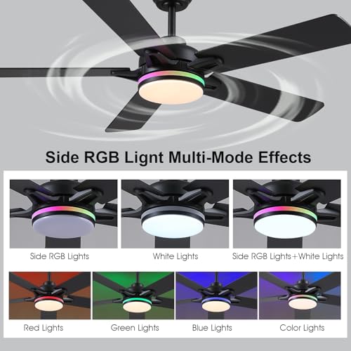 52 Inch Ceiling Fan with RGB Lights - Modern Black Indoor Outdoor Fan with Remote & App Control