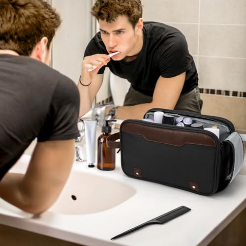 Wedama Toiletry Bag for Men, Large Hanging Travel Toiletry Bag, Extra Electronic Organizer Bag Waterproof Shaving Bag for Toiletries with PU Handle for Travel Business Trips Swim Camping, Black&Brown