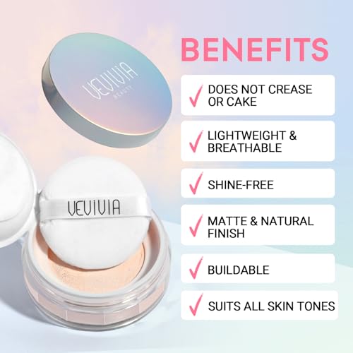 Vevivia Setting Powder - Creaseless Face Powder, Long Lasting Loose Powder Makeup with Blurring and Brightening Finish, Loose Setting Powder for All Skin Types, Shine Control, Up to 24 Wear, Pink