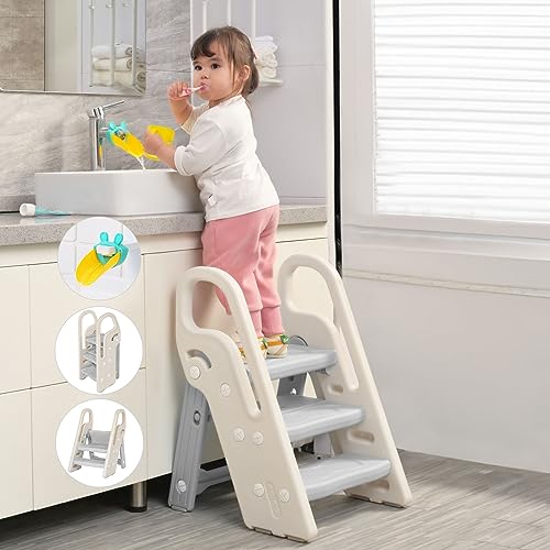 Gray Foldable 3-Step Stool for Kids Bathroom Sink & Kitchen Helper - Adjustable & Space-Saving