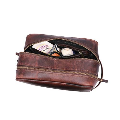 Aaron Leather Goods Leather Toiletry Bag for Men and Women Brown 10.5 Inch (Walnut)