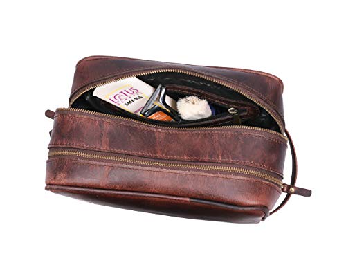 Leather Toiletry Bag for Men and Women - Walnut 10.5 Inch Travel Dopp Kit