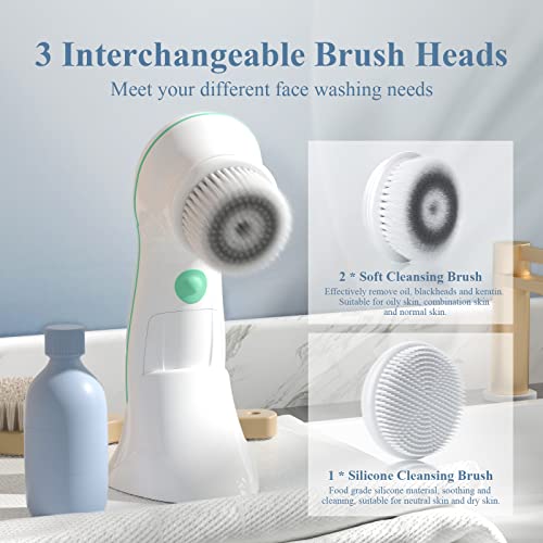 TOUCHBeauty Facial Cleansing Brush Electric, Face Cleansing Brush with Stand, 3 Brush Heads, 2 Speeds, IPX5 Waterproof, Battery-Powered, Suitable for All Skin Types, TB-0759D